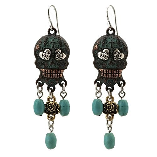 Stone Dangling Sugar Skull Fish Hook Earrings