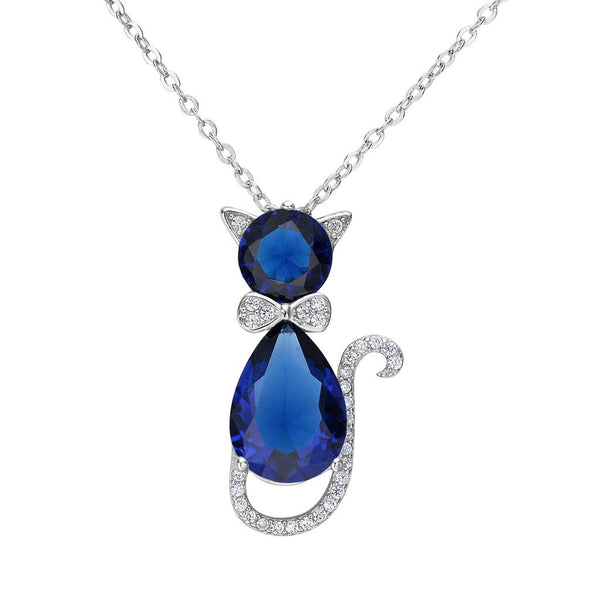 925 Sterling Silver Cubic Zirconia Cat Rolo Chain Pendant Necklace
