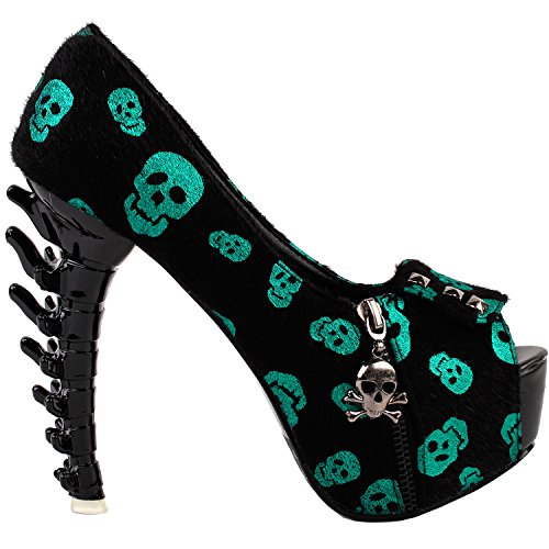 Womens Skull Zipper Peeptoe Platform Bone Heel Club Pumps