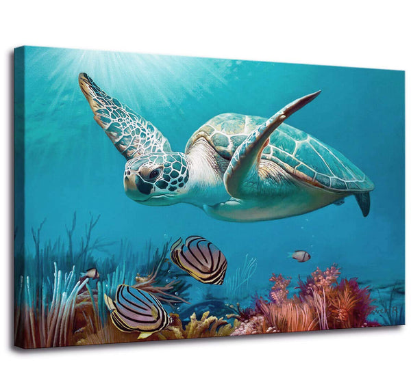 Blue Ocean Sea Turtle Wall Decor Framed Canvas Print - Size:12"x16"inch