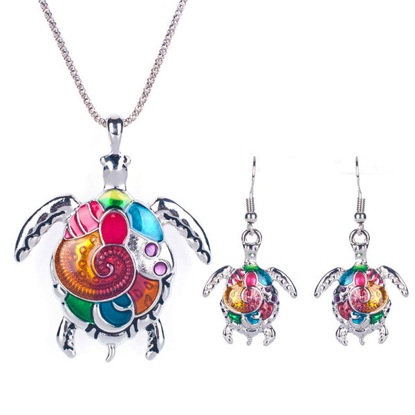 Enamel Sea Turtle Necklace Earring Set