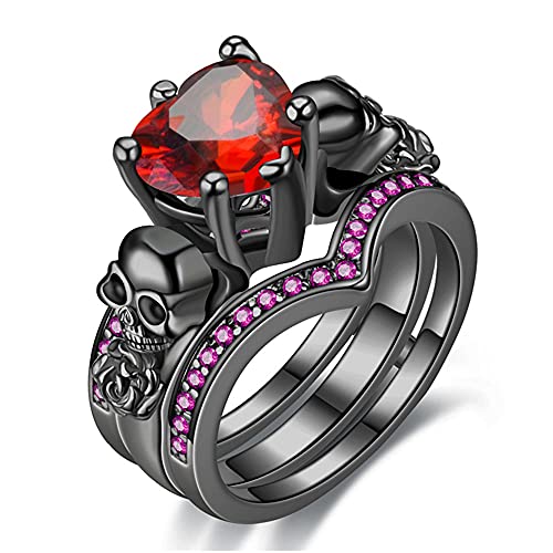 Gothic Black Rose Flower Skull Ring Set