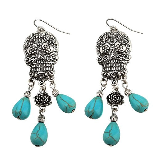 Stone Dangling Sugar Skull Fish Hook Earrings