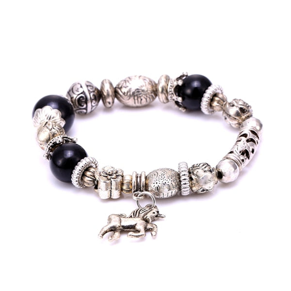 Vintage Natural Stone Silver Elastic Horse Bracelet
