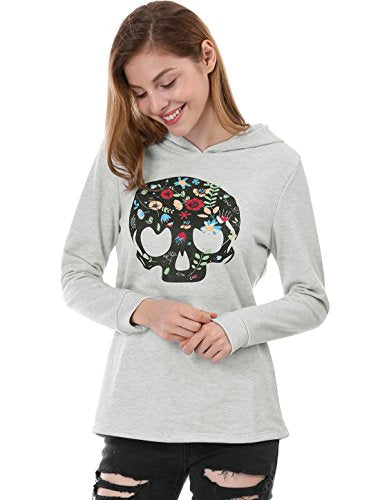 Women Floral Skull Print Pullover Hoodie Sweatshirt