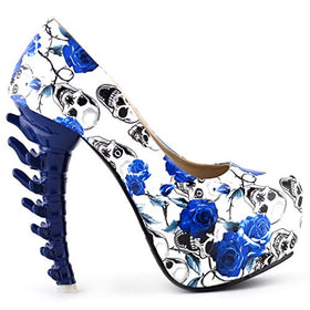 Skull Rose Print Platform Bone Heel Pumps - Blue