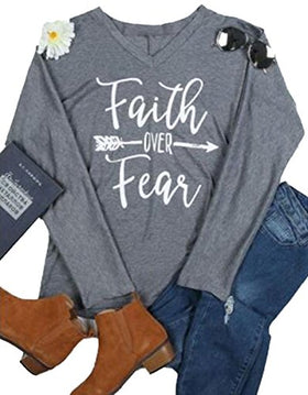 Faith Over Fear Women Long Sleeve V Neck