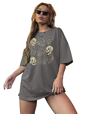Women Skull Print Round Neck Half Sleeve Graphic Shirt