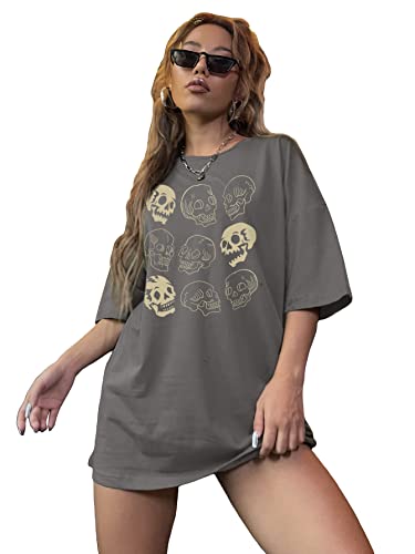 Women Skull Print Round Neck Half Sleeve Graphic Shirt