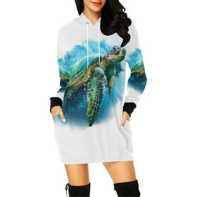 Sea Turtle Design Women's Long Sleeve Hoodie Mini Dress