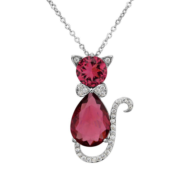 925 Sterling Silver Cubic Zirconia Cat Rolo Chain Pendant Necklace
