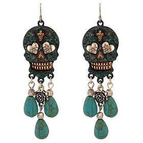 Stone Dangling Sugar Skull Fish Hook Earrings