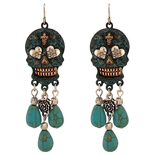 Stone Dangling Sugar Skull Fish Hook Earrings