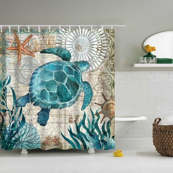 Sea Turtle Print Waterproof Shower Curtain with 12 Hooks