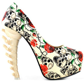 Skull Rose Print Platform Bone Heel Pumps