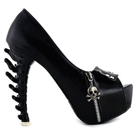 Womens Skull Zipper Peeptoe Platform Bone Heel Club Pumps