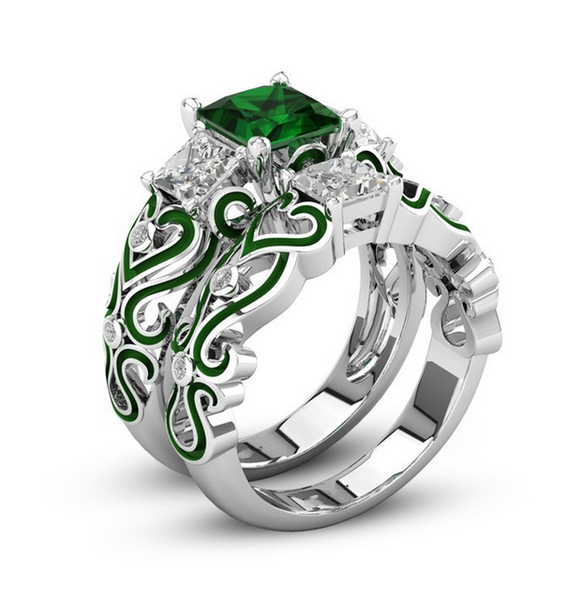 Antique Crystal Three-Stone Enamel Ring Set