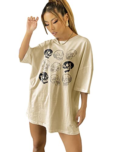 Women Skull Print Round Neck Half Sleeve Graphic Shirt