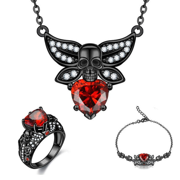 3PCS Fashion Skull Necklace Bracelet Ring Crystal Zirconia Set