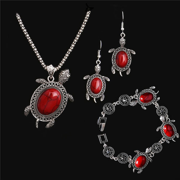 Natural Stone Sea Turtle Pendant Necklace Bracelet Earrings Set