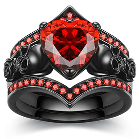 Gothic Black Rose Flower Skull Ring Set
