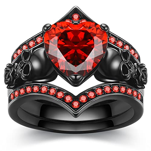 Gothic Black Rose Flower Skull Ring Set