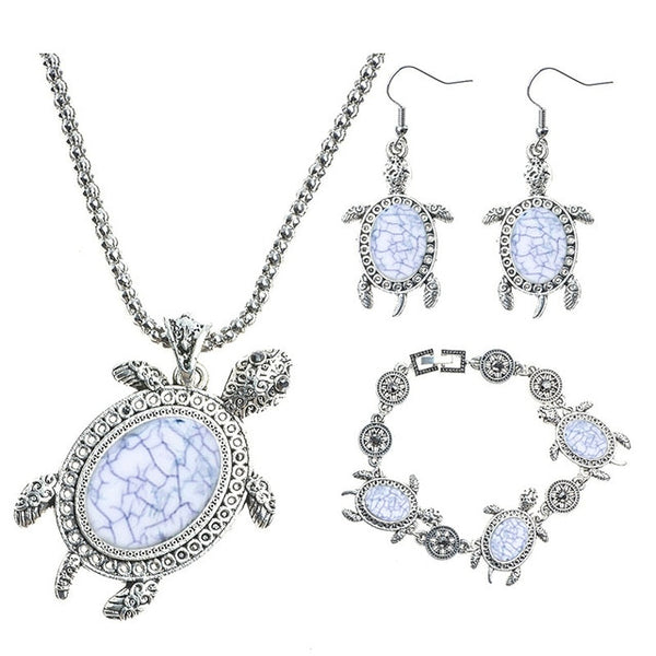 Natural Stone Sea Turtle Pendant Necklace Bracelet Earrings Set