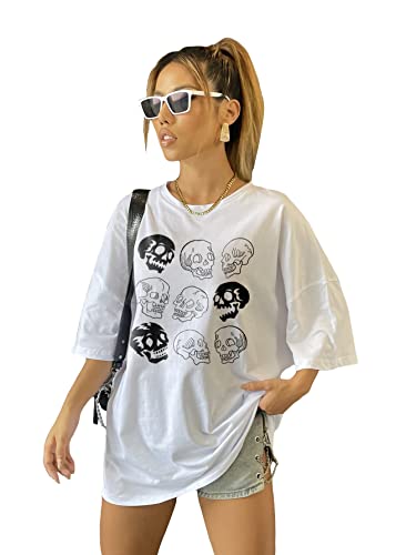 Women Skull Print Round Neck Half Sleeve Graphic Shirt