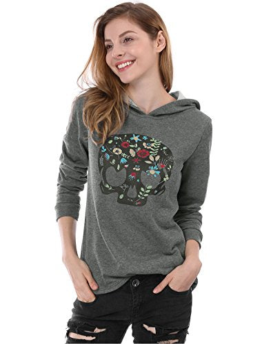 Women Floral Skull Print Pullover Hoodie Sweatshirt