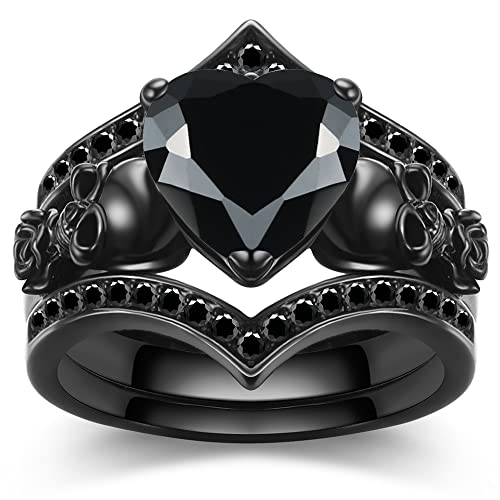 Gothic Black Rose Flower Skull Ring Set